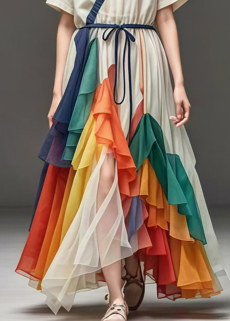 White Cinched Patchwork Tulle Maxi Dresses Summer