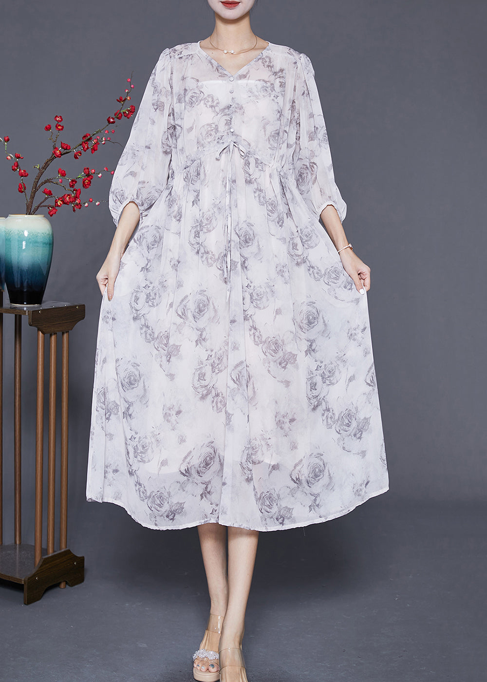 White Cinched Rose Print Chiffon Party Dress Summer