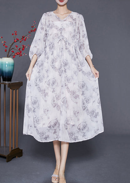White Cinched Rose Print Chiffon Party Dress Summer