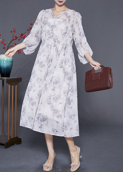 White Cinched Rose Print Chiffon Party Dress Summer