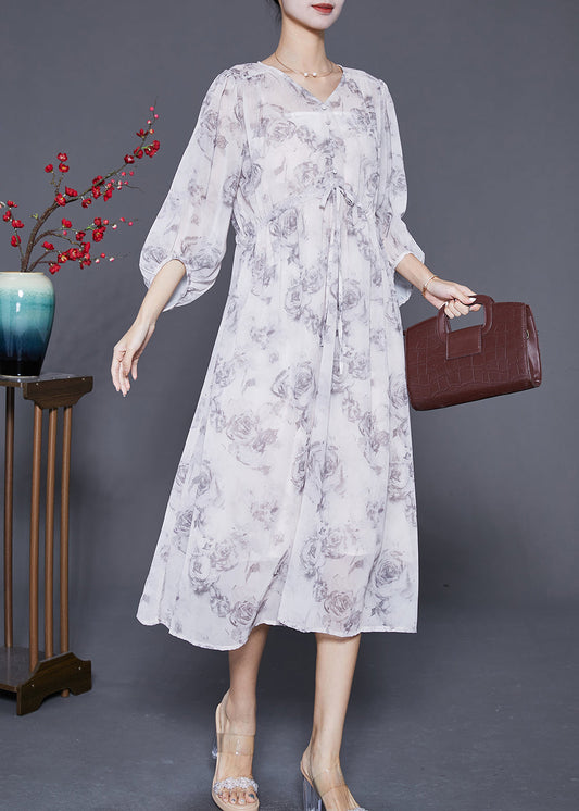 White Cinched Rose Print Chiffon Party Dress Summer