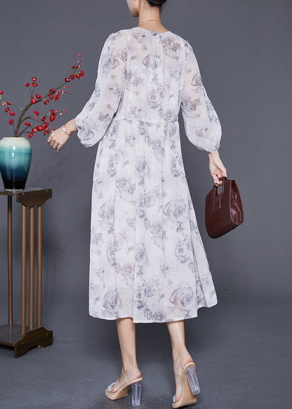 White Cinched Rose Print Chiffon Party Dress Summer