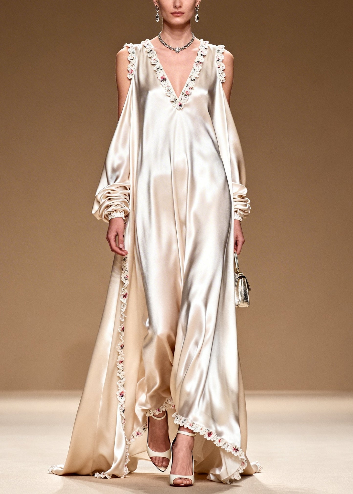 White Cold Shoulder Exra Large Hem Silk Dinner Dresses Summer