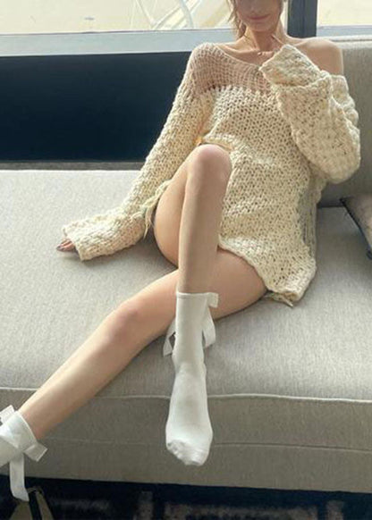 White Cold Shoulder Hollow Out Knit Sweater Tops Spring