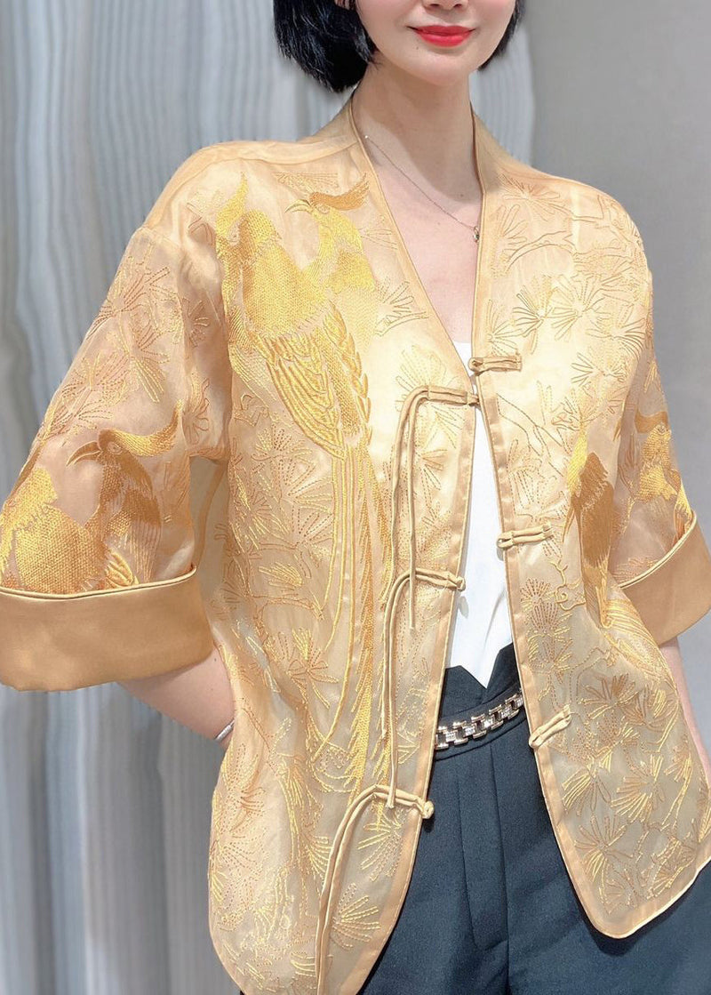 White Embroidered Button Silk Blouse Summer