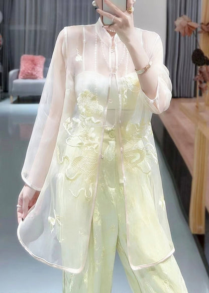 White Embroidered Button Tulle Shirts Long Sleeve