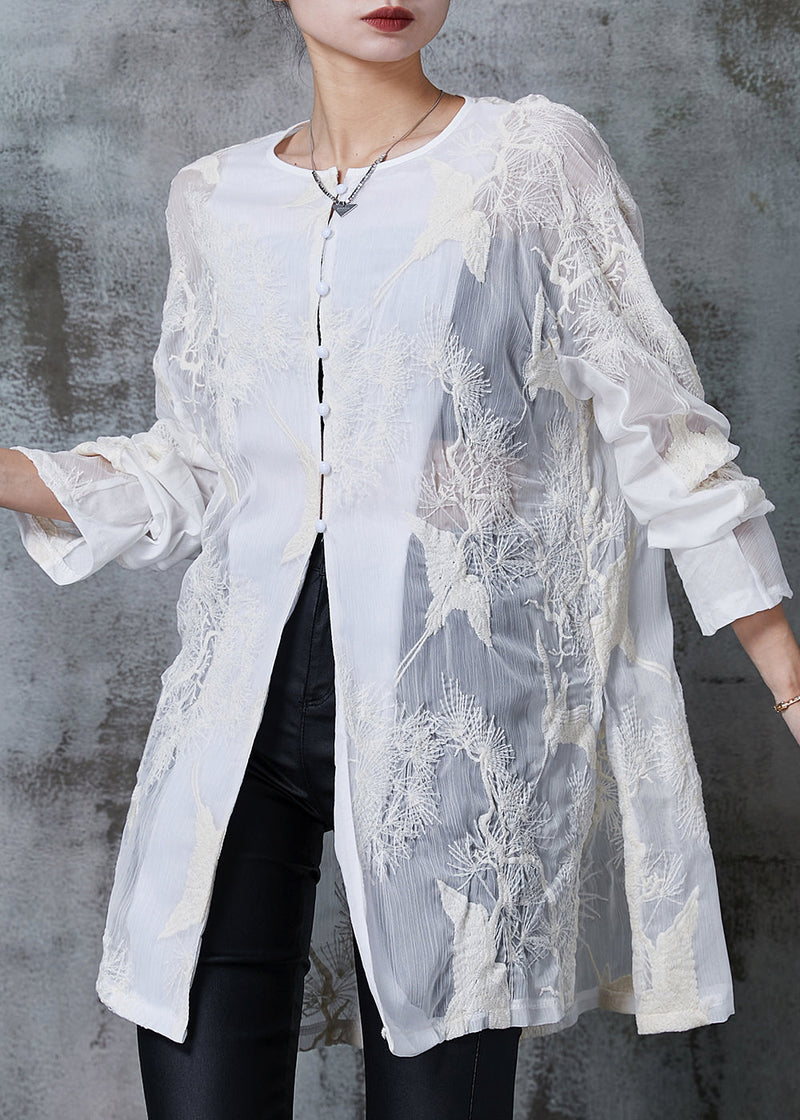White Embroidered Chiffon Upf 50+ Long Shirt Summer