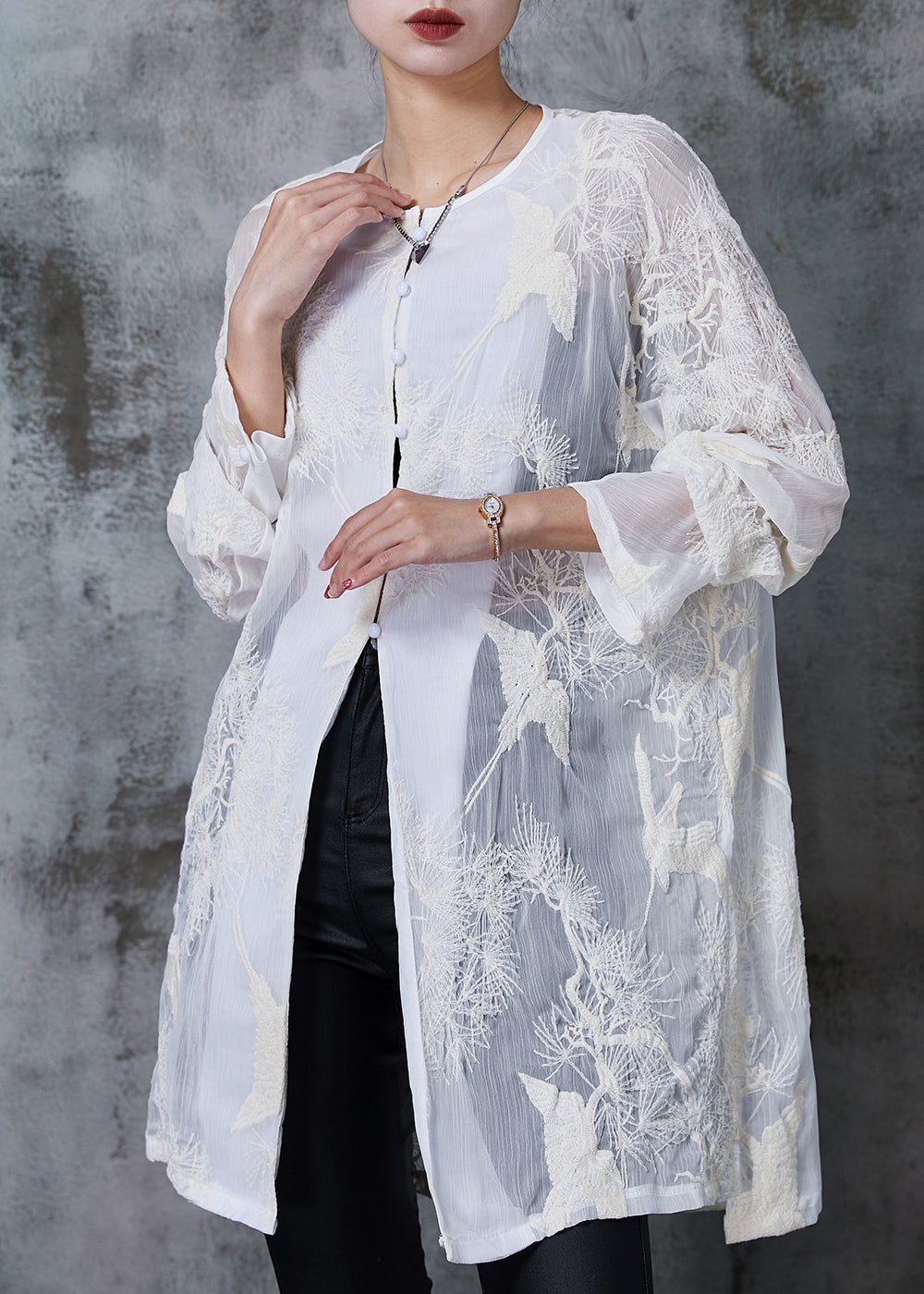 White Embroidered Chiffon Upf 50+ Long Shirt Summer