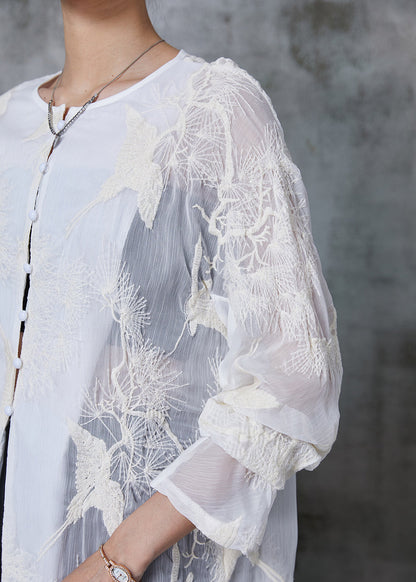 White Embroidered Chiffon Upf 50+ Long Shirt Summer