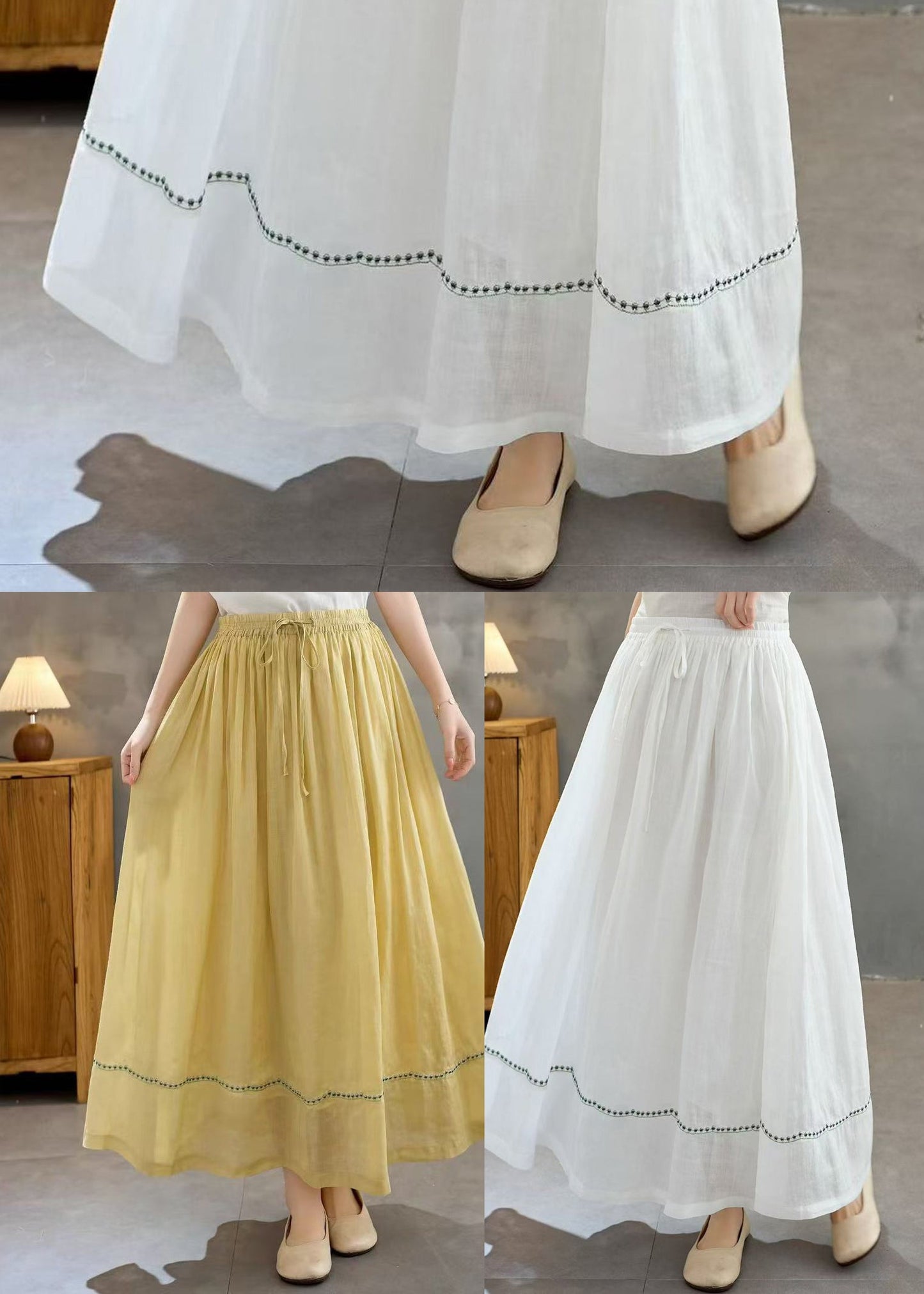 White Embroidered Linen a Line Skirts Summer