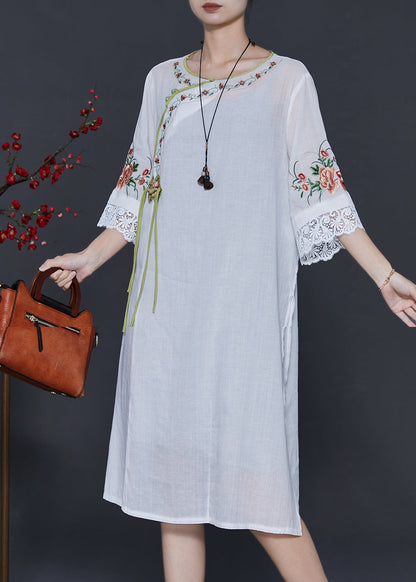 White Embroidered Patchwork Linen Oriental Dresses Summer