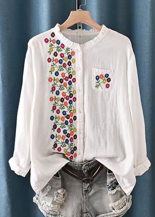 White Embroidered Ruffled Button Cotton Shirt Spring