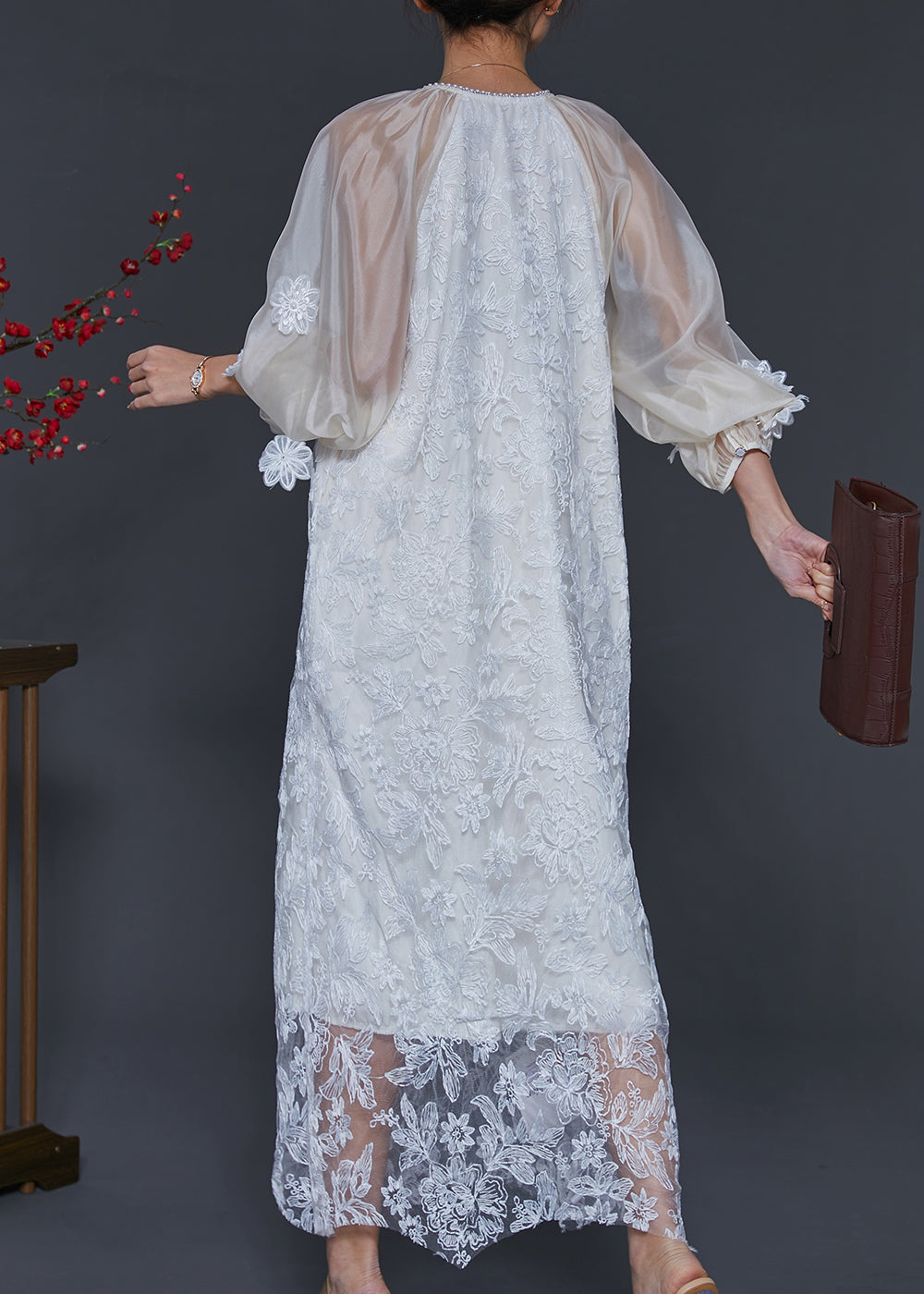 White Embroidered Tulle Robe Dresses Lantern Sleeve