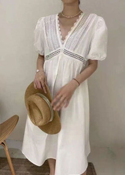 White Embroideried Hollow Out Patchwork Cotton Dress Puff Sleeve