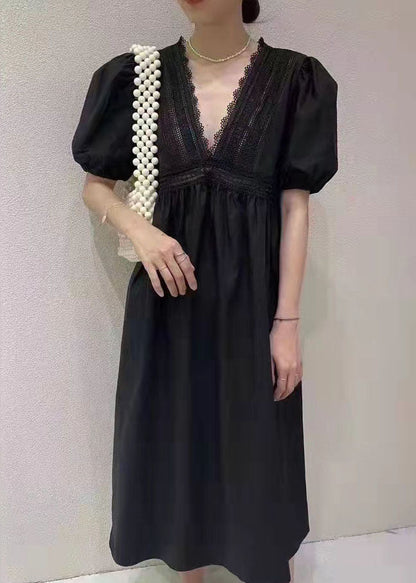 White Embroideried Hollow Out Patchwork Cotton Dress Puff Sleeve
