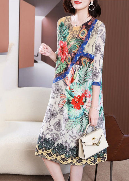 White Print Wrinkled Maxi Dresses Bracelet Sleeve