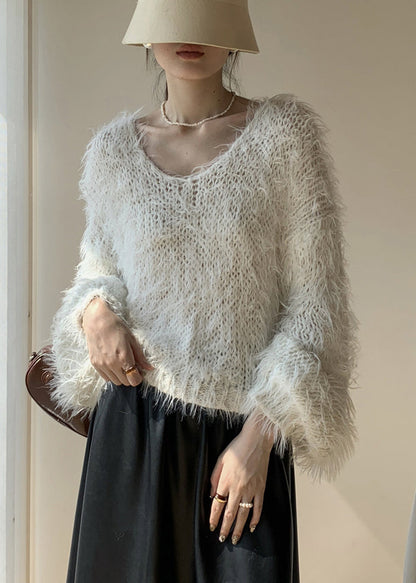 White Fluffy Hollow Out Knit Sweaters Spring