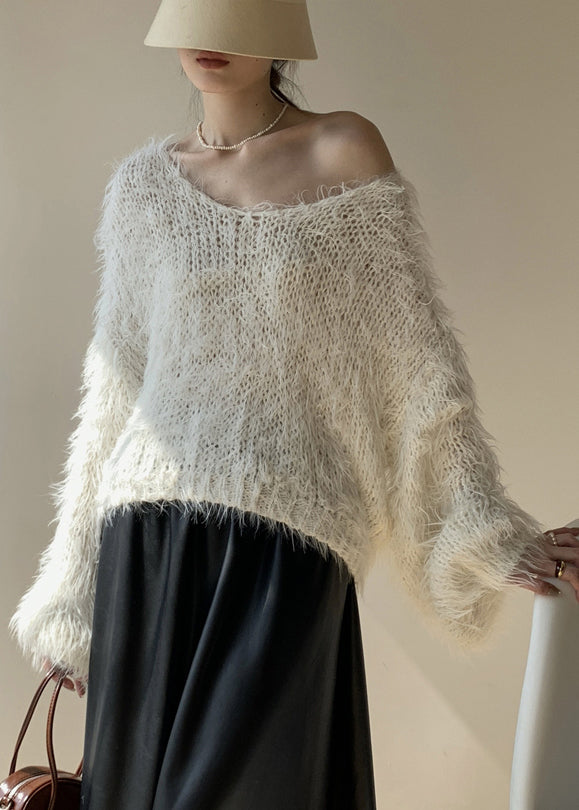 White Fluffy Hollow Out Knit Sweaters Spring