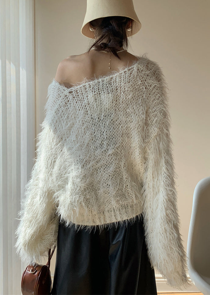 White Fluffy Hollow Out Knit Sweaters Spring