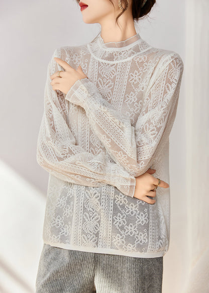 White Hollow Out Silm Fit Lace Shirts Spring