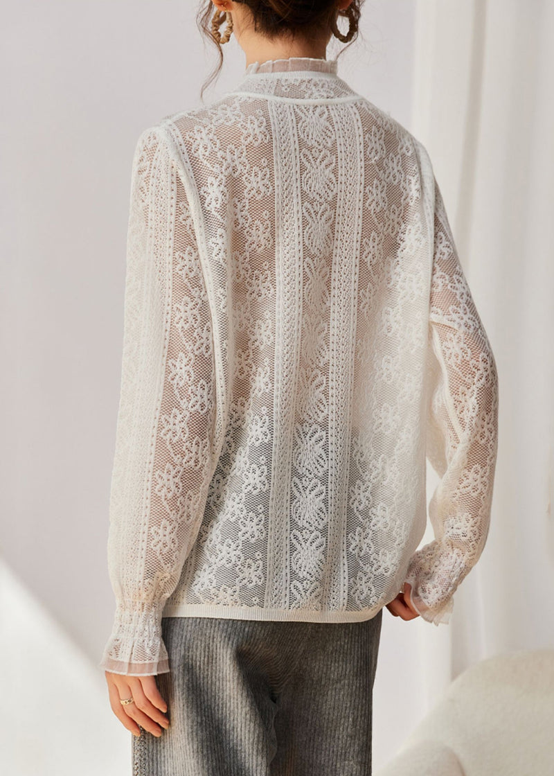 White Hollow Out Silm Fit Lace Shirts Spring
