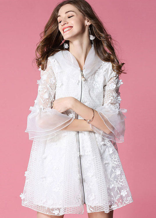 White Hooded Hollow Out Applique Organza Jacket Spring