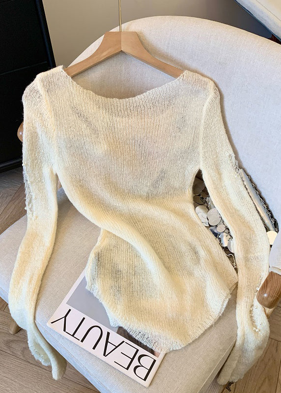 White Nail Bead Knit Ripped Sweater Spring