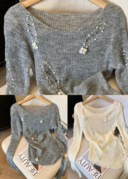 White Nail Bead Knit Ripped Sweater Spring