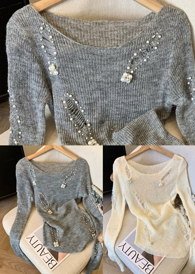 White Nail Bead Knit Ripped Sweater Spring