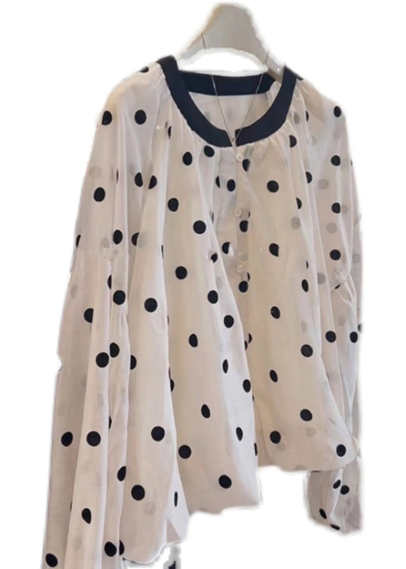 White O Neck Dot Button Cotton Shirts Long Sleeve