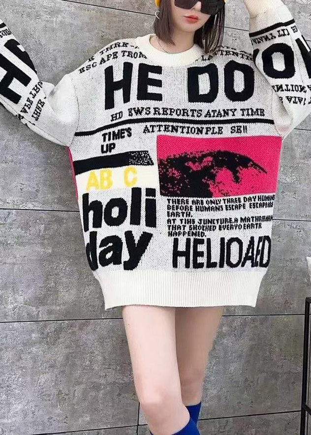 White O Neck Graphic Knit Sweater Spring