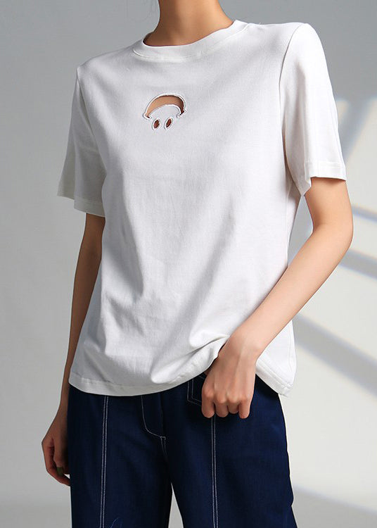 White O Neck Hollow Out Cotton T Shirts Summer