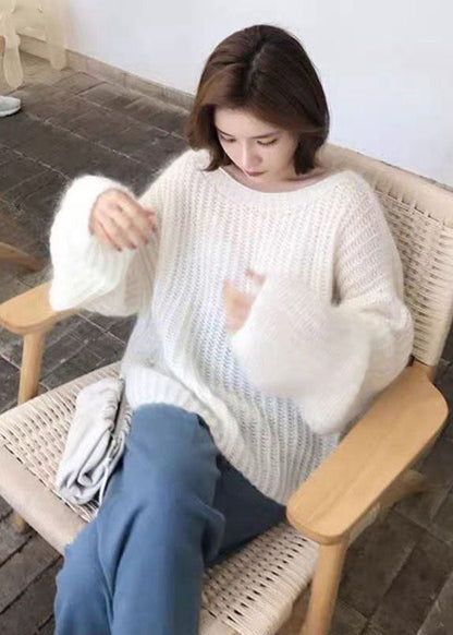White O-neck Hollow Out Cozy Wool Knit Sweaters Spring