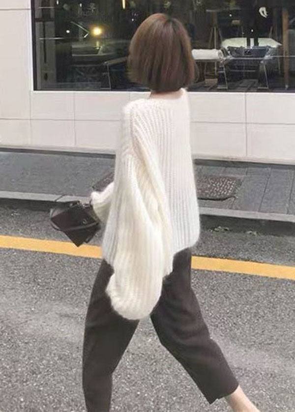 White O-neck Hollow Out Cozy Wool Knit Sweaters Spring