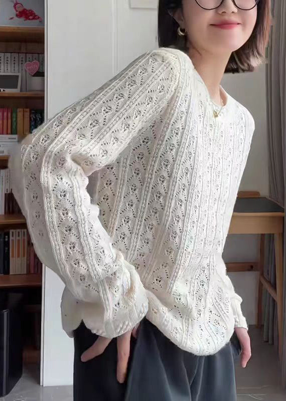 White O Neck Hollow Out Knit Top Fall