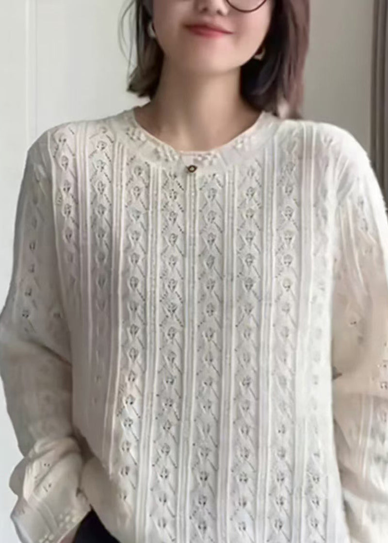 White O Neck Hollow Out Knit Top Fall