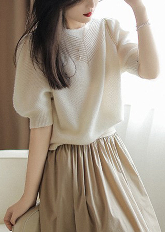 White O-neck Hollow Out Wool Sweaters Puff Sleeve