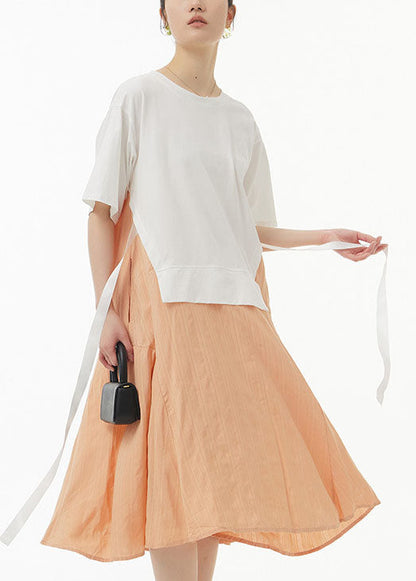 White O Neck Patchwork False Two Pieces Cotton Dress Summer