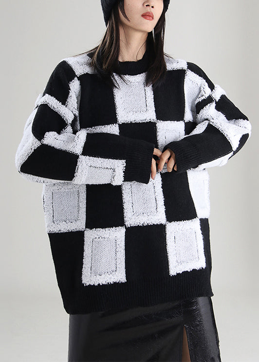 White O-neck Plaid Knit Sweater Tops Spring