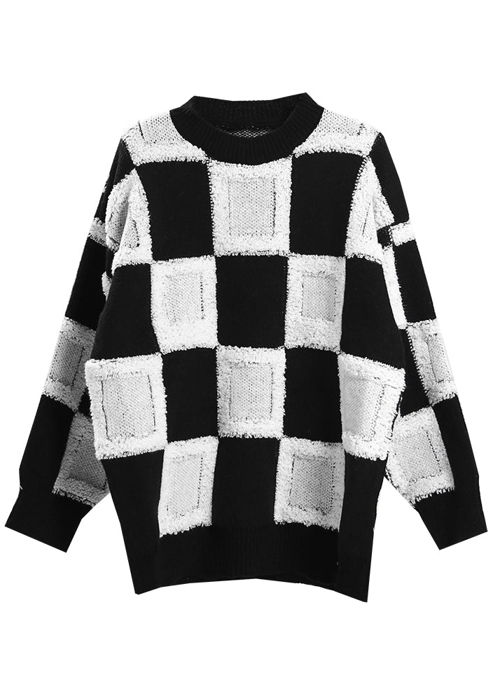 White O-neck Plaid Knit Sweater Tops Spring