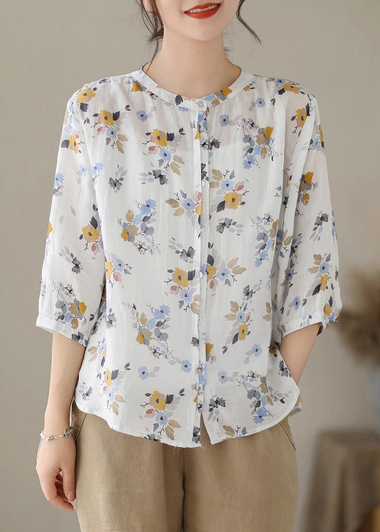 White O-neck Print Button Ramie Shirts Summer