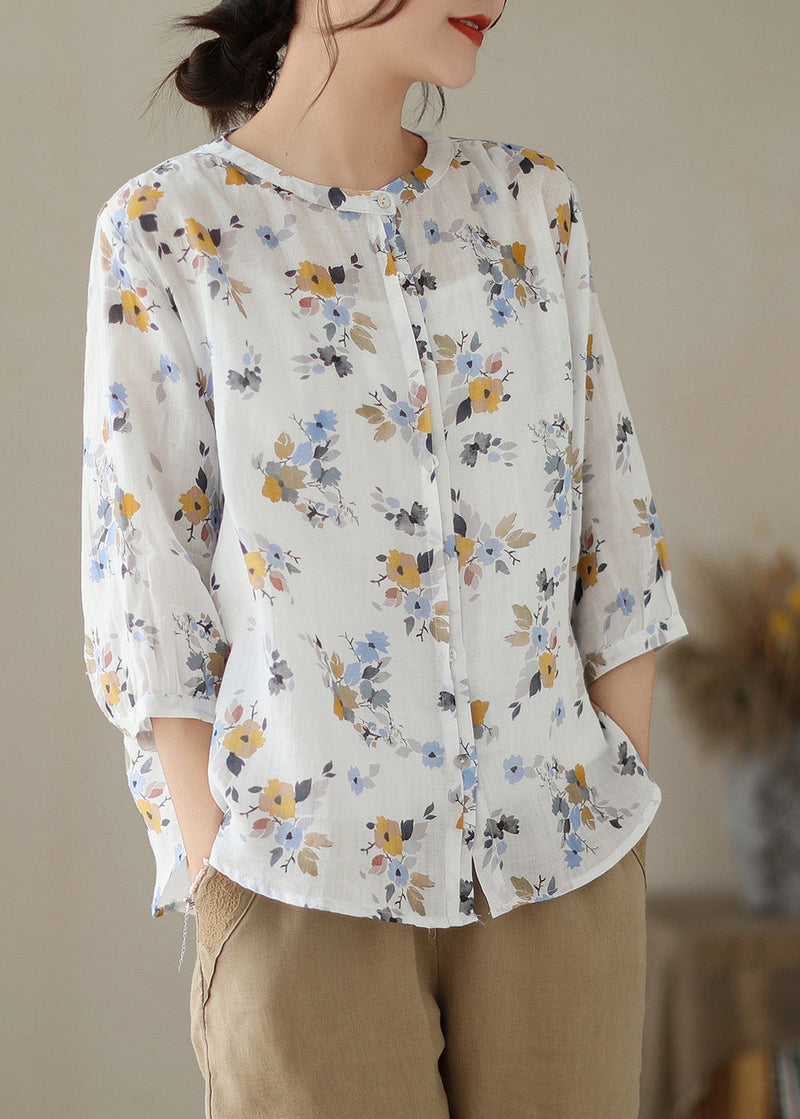 White O-neck Print Button Ramie Shirts Summer