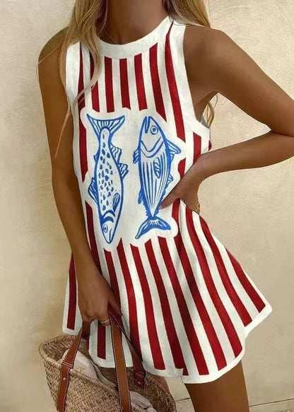 White O Neck Print Patchwork Cotton Mini Dresses Sleeveless