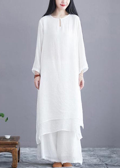 White O Neck Side Open Cotton Two Pieces Set Long Sleeve