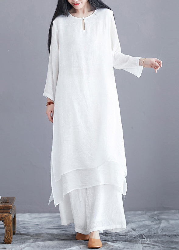 White O Neck Side Open Cotton Two Pieces Set Long Sleeve