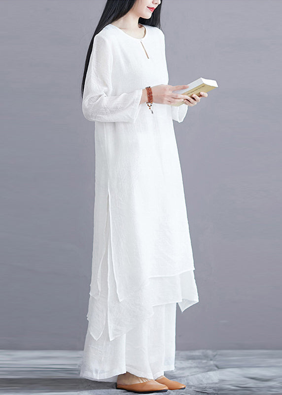 White O Neck Side Open Cotton Two Pieces Set Long Sleeve