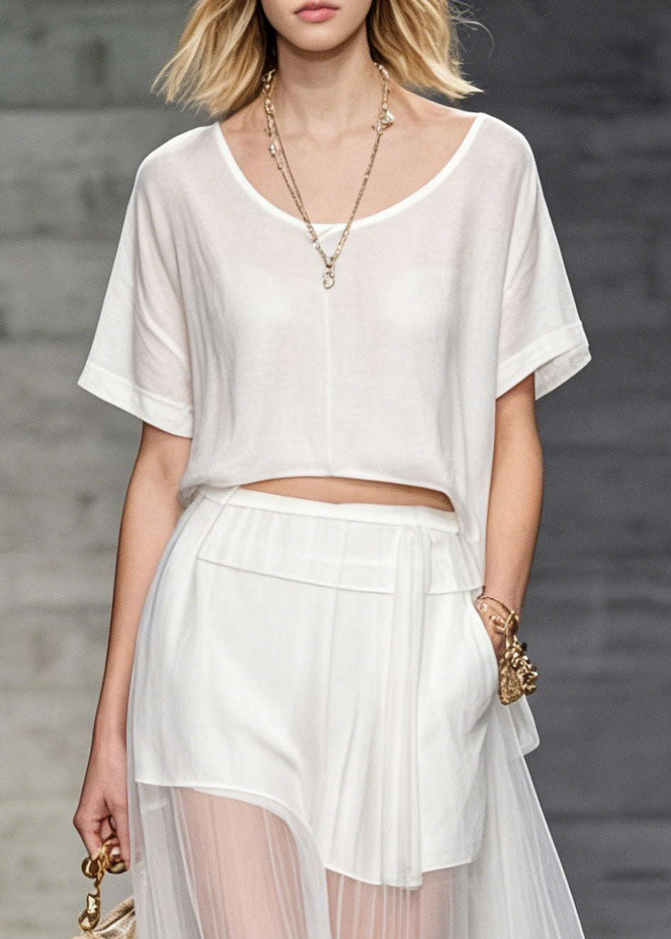 White O Neck T Shirt and Skirts Tulle Patchwork Two Pieces Set Summer