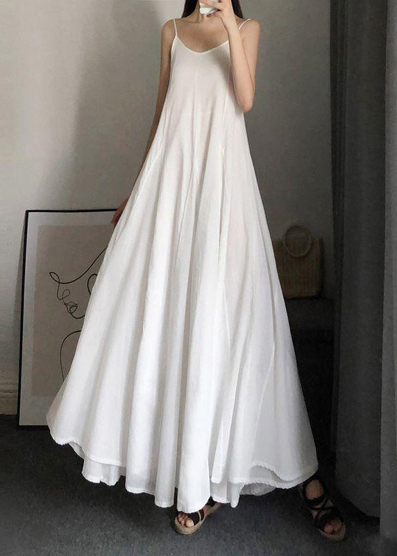 White O Neck Wrinkled Patchwork Cotton Spaghetti Strap Dress Summer