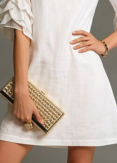 White O-neck Zircon Cotton Day Dress Petal Sleeve