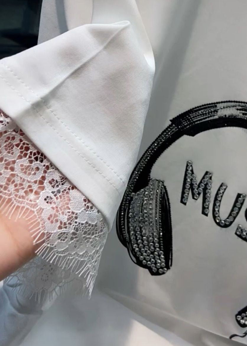 White O Neck Zircon Lace Patchwork T Shirt Summer